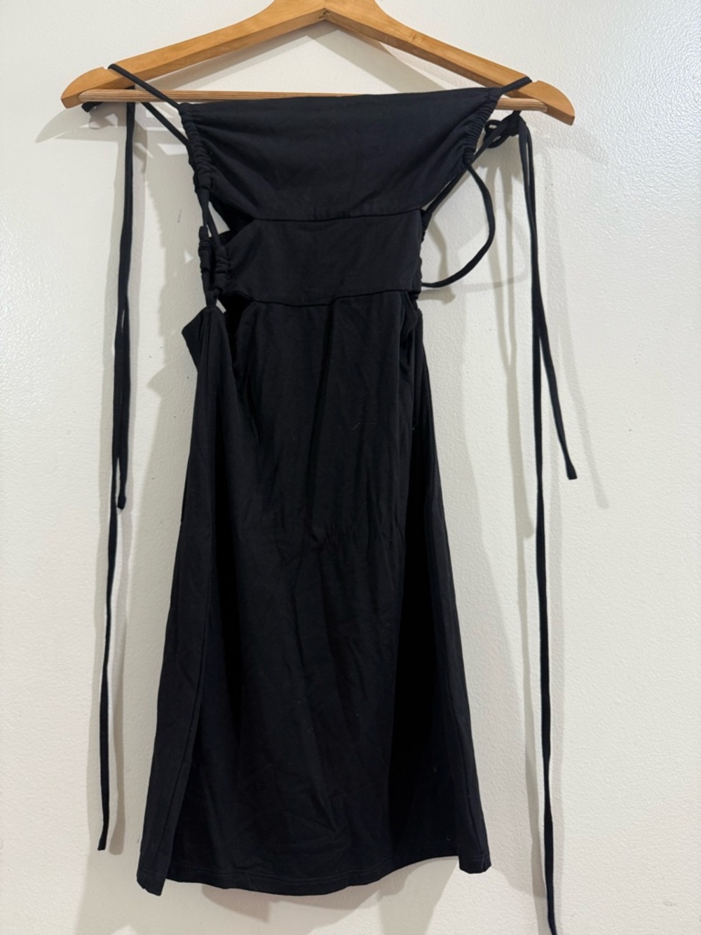 hours Strapless Black Midi Dress with Side Tie Accents